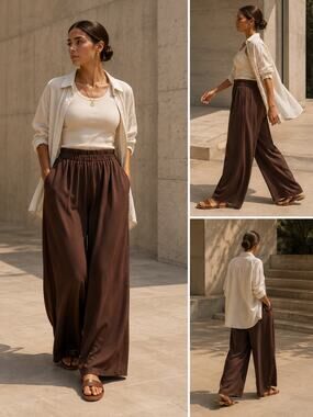Zara Brown Wide Leg Pants Women's Small Elastic Waist Minimalist Flowy Palazzo